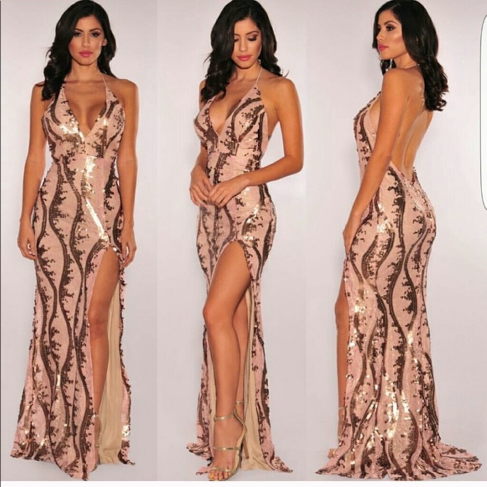 Gold sequin halter gown